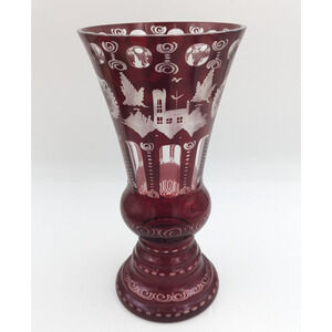 Bohemian Egermann Ruby Red Etched Cut To Clear Crystal Vase Large 12”